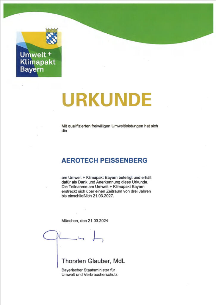 Aerotech Peissenberg Umwelt und Klimapakt Bayern Urkunde